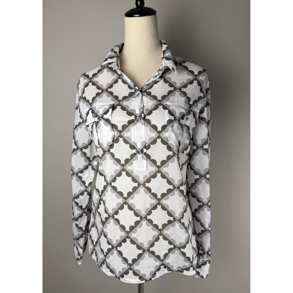 Tory Burch Button Down Shirt Geometric Cotton 12 White Gray Logo Popover‎ Blouse